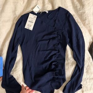 Zara Navy Ruffle-Button Long Sleeve Top